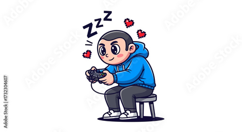 Cartoon gamer napping while clutching a controller surrounded by pixelated hearts and zzz's