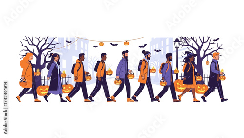 Halloween Stroll: A diverse group of friends dressed in Halloween costumes, carrying trick-or-treat bags and pumpkins.