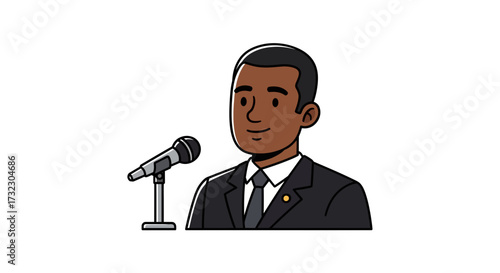 Cartoon illustration of a confident speaker addressing an audience with microphone