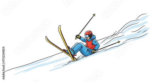 Cartoon skier gliding down snowy slope with vibrant attire and dynamic posture