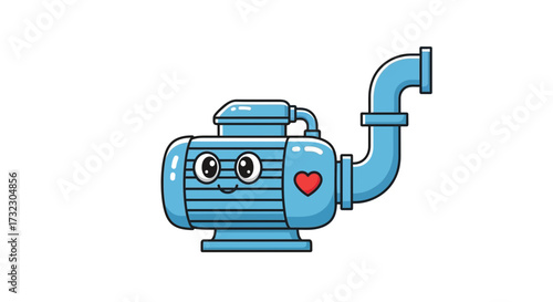 Cartoon water pump character with happy face and heart illustration on white backdrop