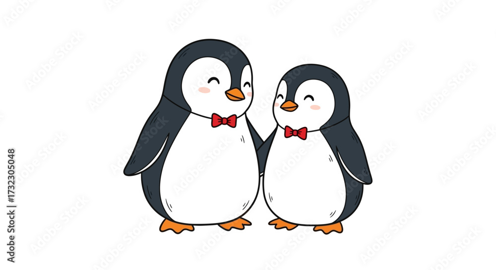 Fototapeta premium Charming Penguin Pair in Red Bow Ties, Adorable Cartoon Birds, Winter Festive Friends Illustration