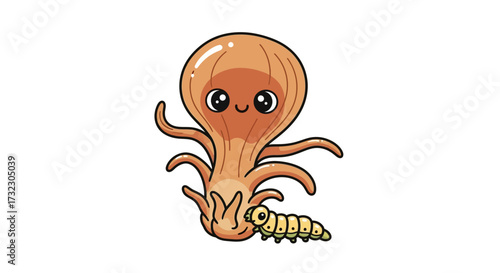 Charming octopus cartoon character with endearing eyes and a playful caterpillar companion on