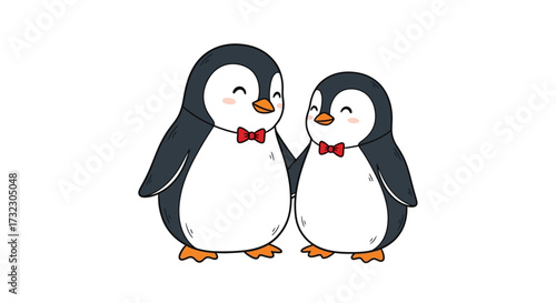 Charming Penguin Pair in Red Bow Ties, Adorable Cartoon Birds, Winter Festive Friends Illustration