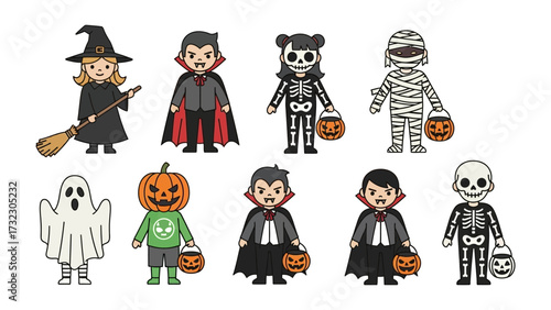 Halloween Costume Collection: A delightful array of festive characters, each intricately costumed and ready for a night of trick-or-treating, embodying the spirit of spooky fun.