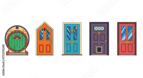 Collection of diverse, vibrantly colored cartoon doors offering unique entrances and architectural