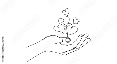 Continuous line drawing showcasing hand holding hearts symbolizing affection and love