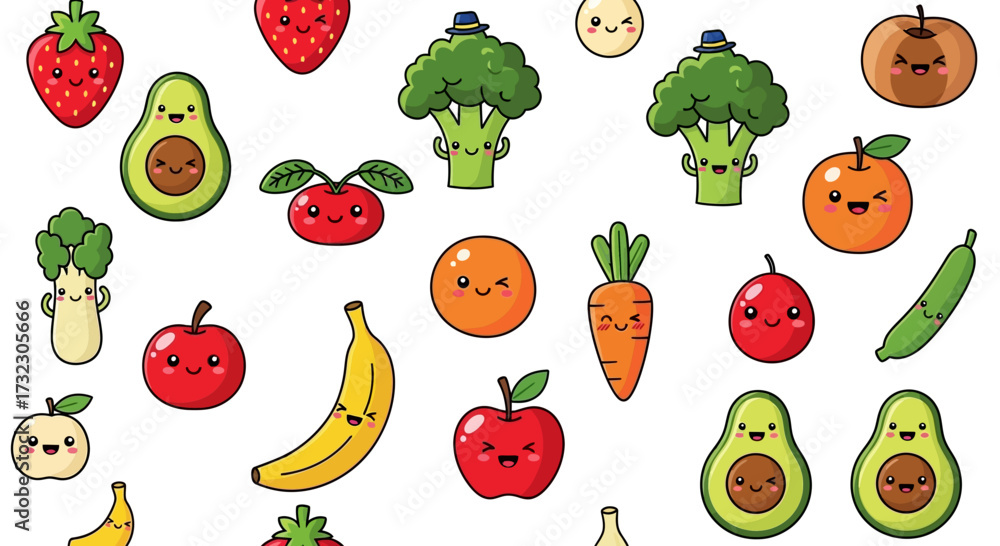 Fototapeta premium Delightful fruits and vegetables cartoon characters pattern for joyful and healthy designs