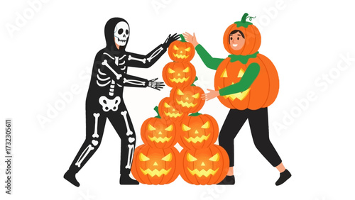 Halloween Stack: A creative Halloween arrangement featuring a towering stack of carved pumpkins, guided by individuals in festive costumes, symbolizing the spirit of autumn and the spooky season.