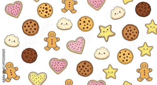 Delightful cookie pattern with cute expressions evokes sweet childhood memories and tasty treats