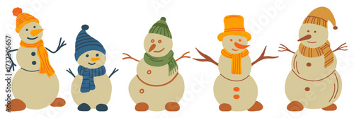 Set of cute Christmas snowmen in hats and scarves. Collection of funny characters. Isolated flat vector illustration. 
