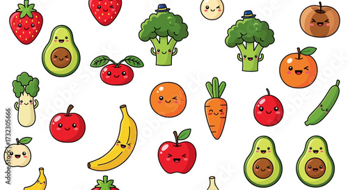 Delightful fruits and vegetables cartoon characters pattern for joyful and healthy designs