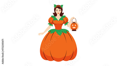 Pumpkin Princess with Jack O'Lantern: A regal princess, adorned in a vibrant pumpkin-inspired gown and holding a whimsical jack-o'-lantern, embodies the playful spirit of Halloween.