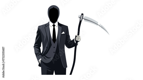 The Enigmatic Figure: A mysterious, faceless person, elegantly attired in a sharp suit, wields a striking scythe, embodying an aura of stealth and intrigue. This is an artistic.