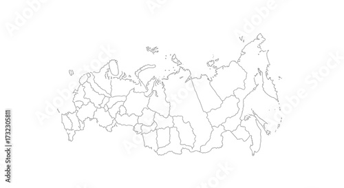Detailed contour map of russia with individual regions outlined in gray on clean white background