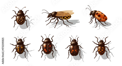 Detailed illustration showcasing a variety of beetle species with different patterns and colors on