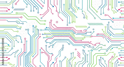 Detailed motherboard circuit pattern showing intricate connections and vibrant color palette