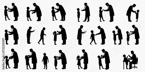 Silhouettes of doctors examining and interacting with young children in various medical care scenarios.
