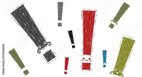 Expressive exclamation point gathering, playful vector illustration with varied sizes and colors
