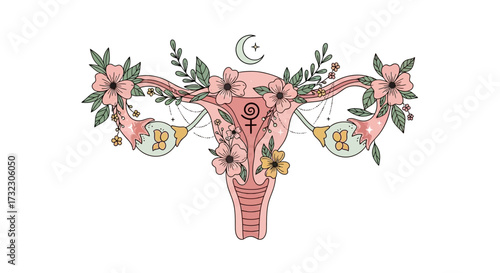Feminine Mystique: Uterus adorned with blooming flora and celestial symbols a visual