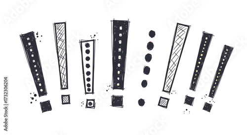 Hand-drawn exclamation mark icons in various styles expressing strong feelings or warnings