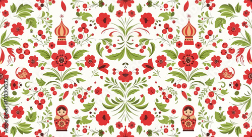 Harmonious folk art pattern displaying traditional russian motifs on pristine white canvas