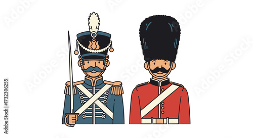 Illustrated military historical figures showcasing diverse regimental uniforms and adornments