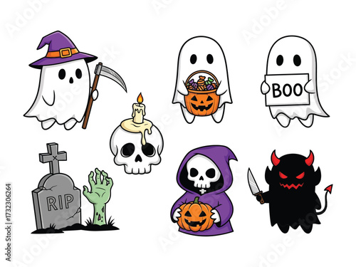 Halloween Spooky Collection: A whimsical set of cartoon illustrations featuring ghosts, a grim reaper, a devil, a skull, a tombstone, and other spooky elements.