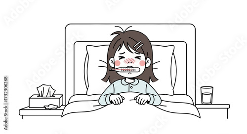 Illustration depicting a girl experiencing fever lying in bed sick feeling unwell