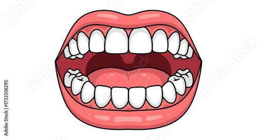 Illustration of a wide open mouth with teeth, gums and tongue visible in vivid detail