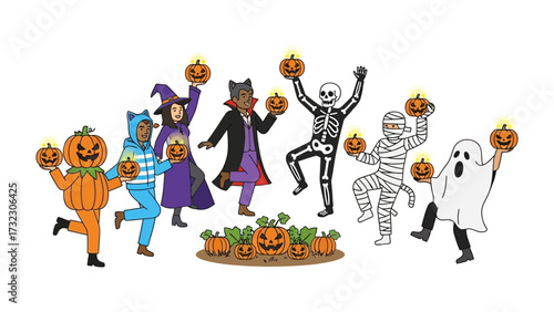 Spooky Halloween: A gathering of festive individuals dressed in creative costumes, enthusiastically celebrating Halloween by holding lanterns, bringing the spirit of the holiday to life