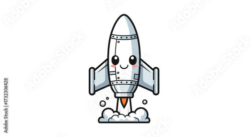 Kawaii styled rocket launching into space with friendly expression for children