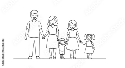 Illustrative depiction of a smiling nuclear family holding hands in a simple line drawing style