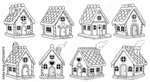 Illustrative collection of decorated gingerbread houses with frosted roofs and chimneys
