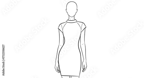 Minimalist fashion sketch of a woman wearing a sheath dress with cap sleeves and turtleneck
