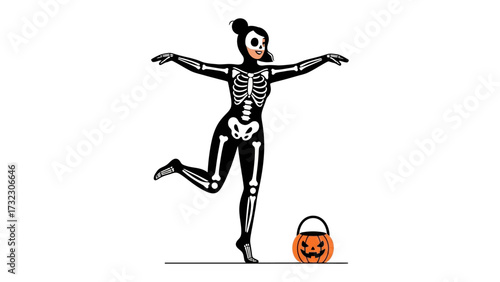 Halloween Costume Delight: A graceful individual, adorned in a striking skeleton costume and poised in a balanced stance, radiating joy and whimsy, holding a pumpkin bag for the holiday. 