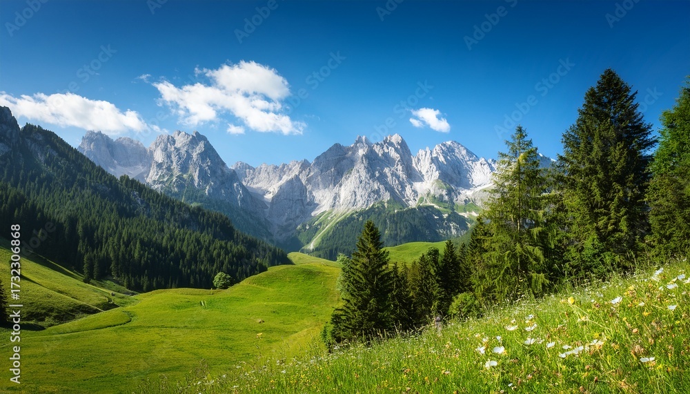 Obraz premium Wilder Kaiser Mountains Summer Landscape With Vibrant Greenery And Blue Skies Ideal For Outdoor Adventure Seekers And Nature Photography Lovers