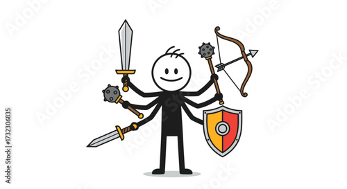 Multi-Armed Stick Figure Champion Wielding Swords, Mace, Bow and Arrow and Shield on White