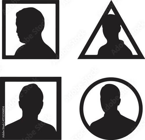 Black silhouettes of people within geometric shapes