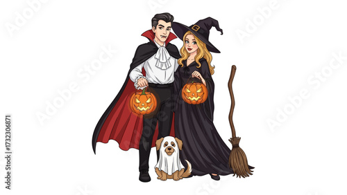 Halloween Couple and Pet: A cartoonish couple adorned in classic Halloween attire and a cute pet together hold a pumpkin lamp while capturing the playful side of Halloween.