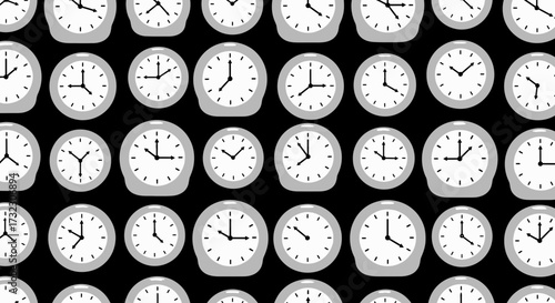 Pattern featuring stylized gray clocks against a dark background time representation