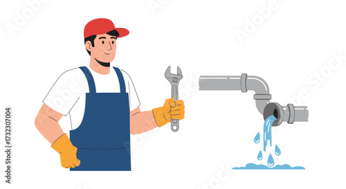 Professional plumber character holding wrench ready to repair leaking pipe joint