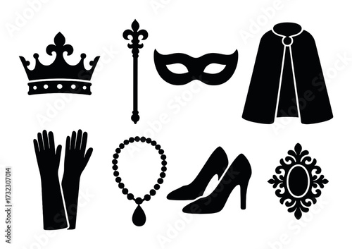 Silhouettes of royal accessories and elegant fashion elements on beige background
