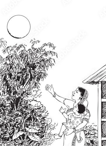 Woman and Child Watching the Moon - Black and White Line Art Illustration