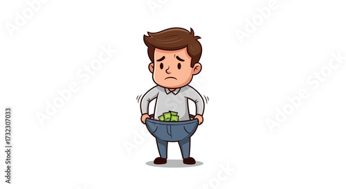 Sad cartoon man holding his pants open, money inside the pants concept
