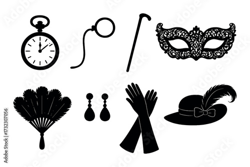Vintage accessories: watch, monocle, cane, mask, fan, earrings, gloves, hat