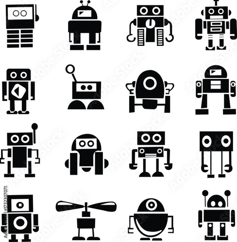 Print
Sets black robot smiling face icon. Futuristic cute help bots in minimalistic style. isolated on transparent background
