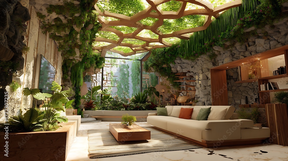 Obraz premium Modern eco-living room with leaf canopy ceiling and stone textures