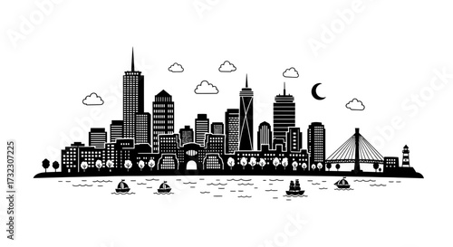 Stylized city skyline illustration featuring buildings, watercraft, and atmospheric elements