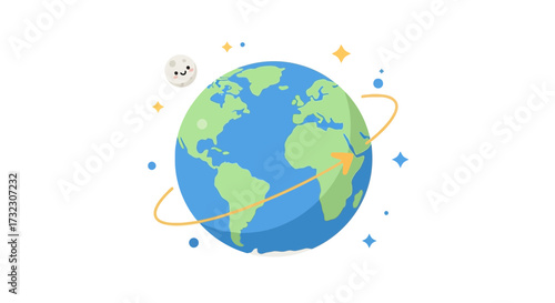 Stylized earth illustration featuring planetary orbit and cosmic decorative elements